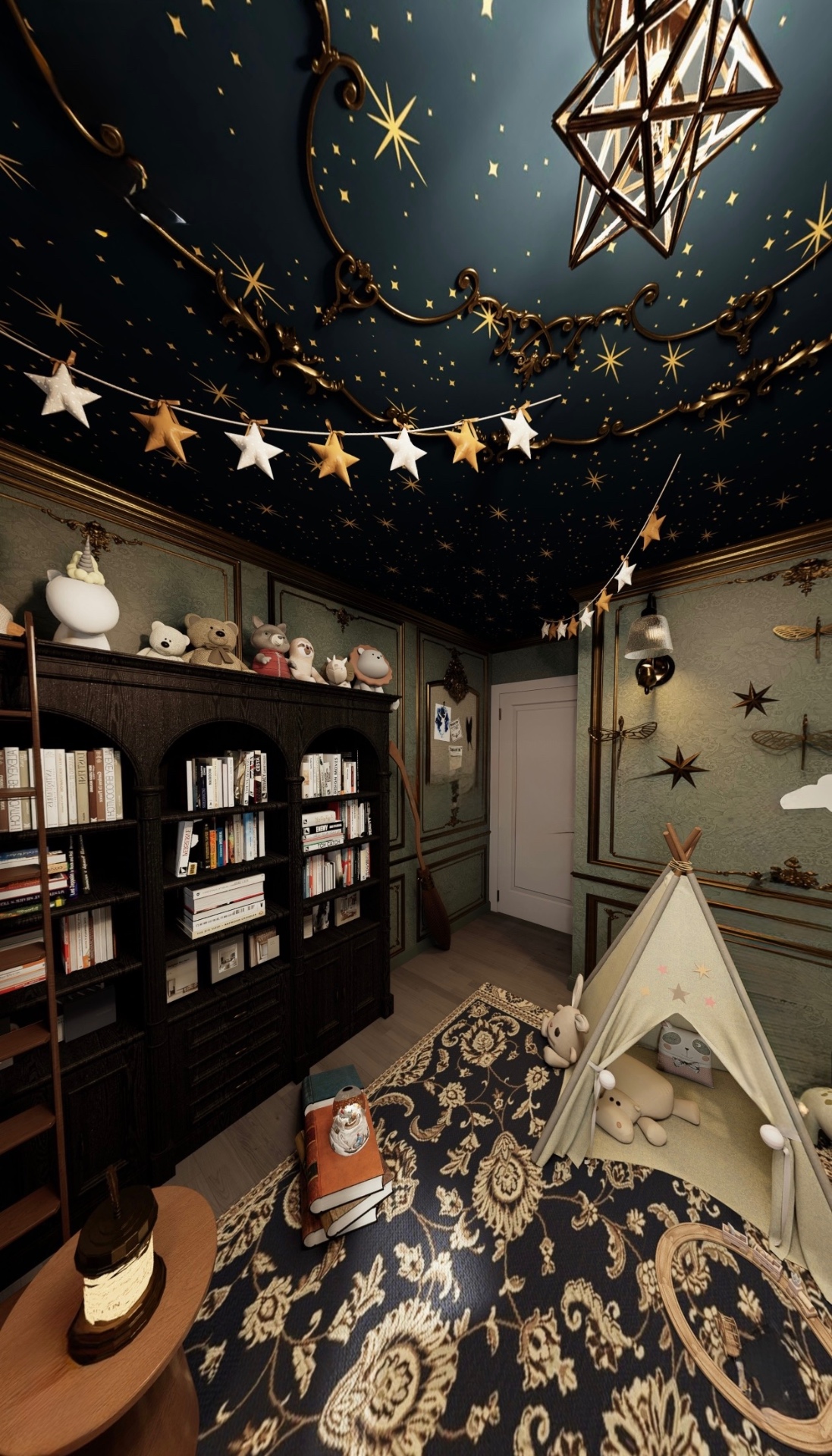 Wizarding-themed nursery — bookshelf, teepee tent, and patterned rug