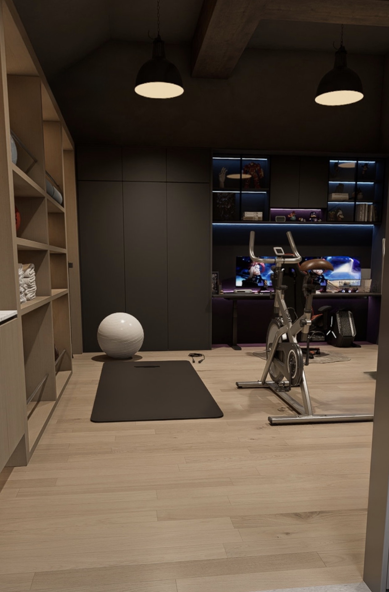 Converted garage — wide view showing gym area, workstation, and shelving