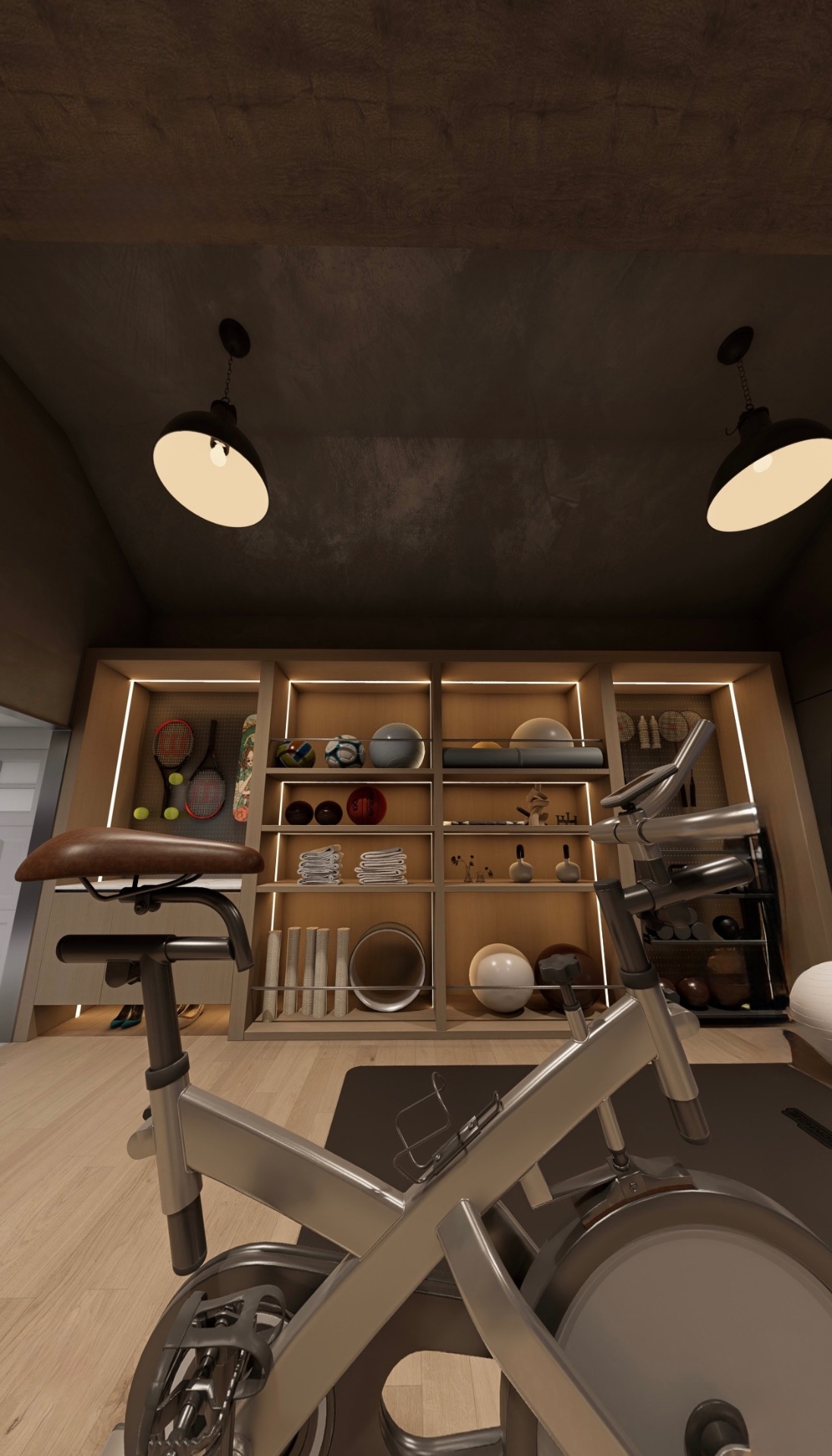 Converted garage — curated sports storage wall with backlit shelving