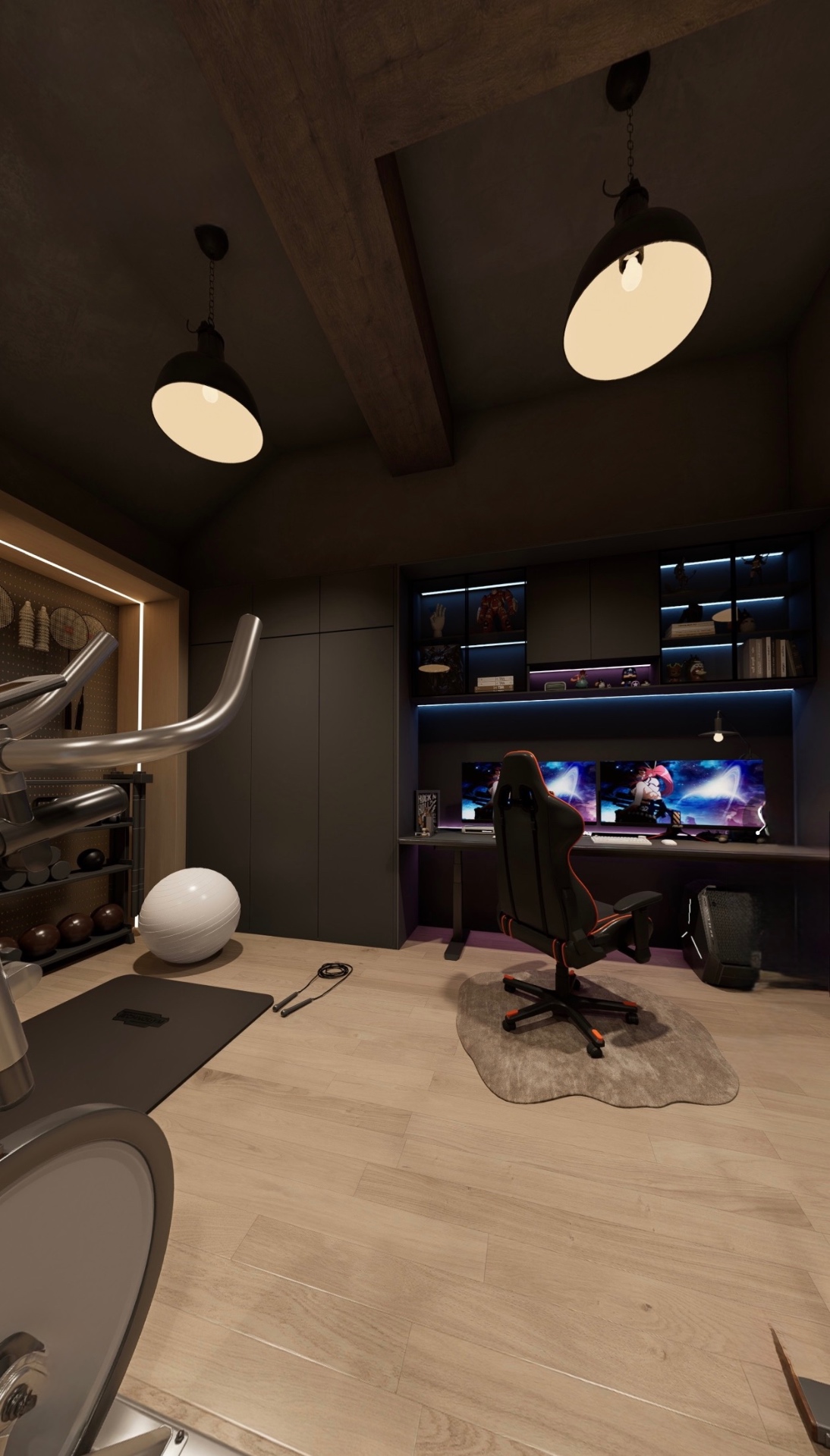 Converted garage — dual-monitor gaming desk with backlit collectible shelves