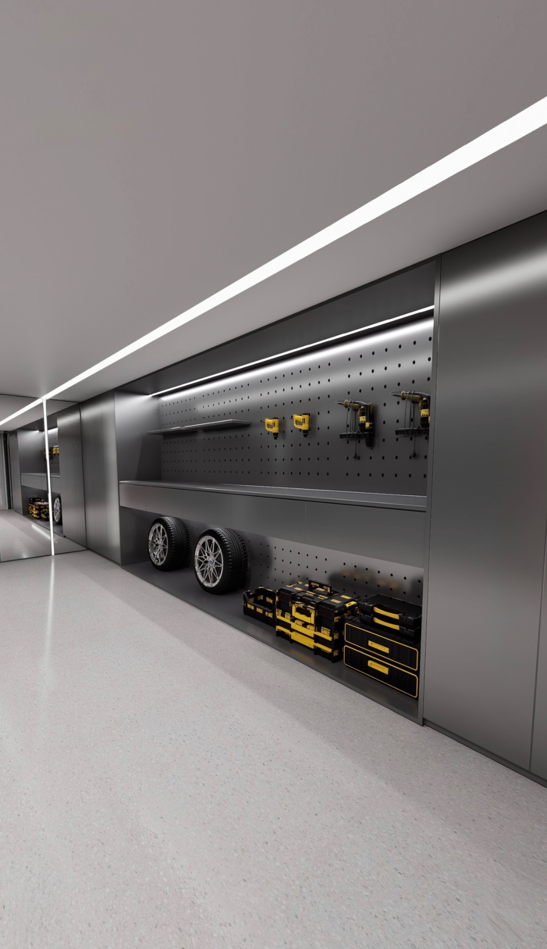 Remodeled garage — perforated pegboard tool wall with wheels and tool cases