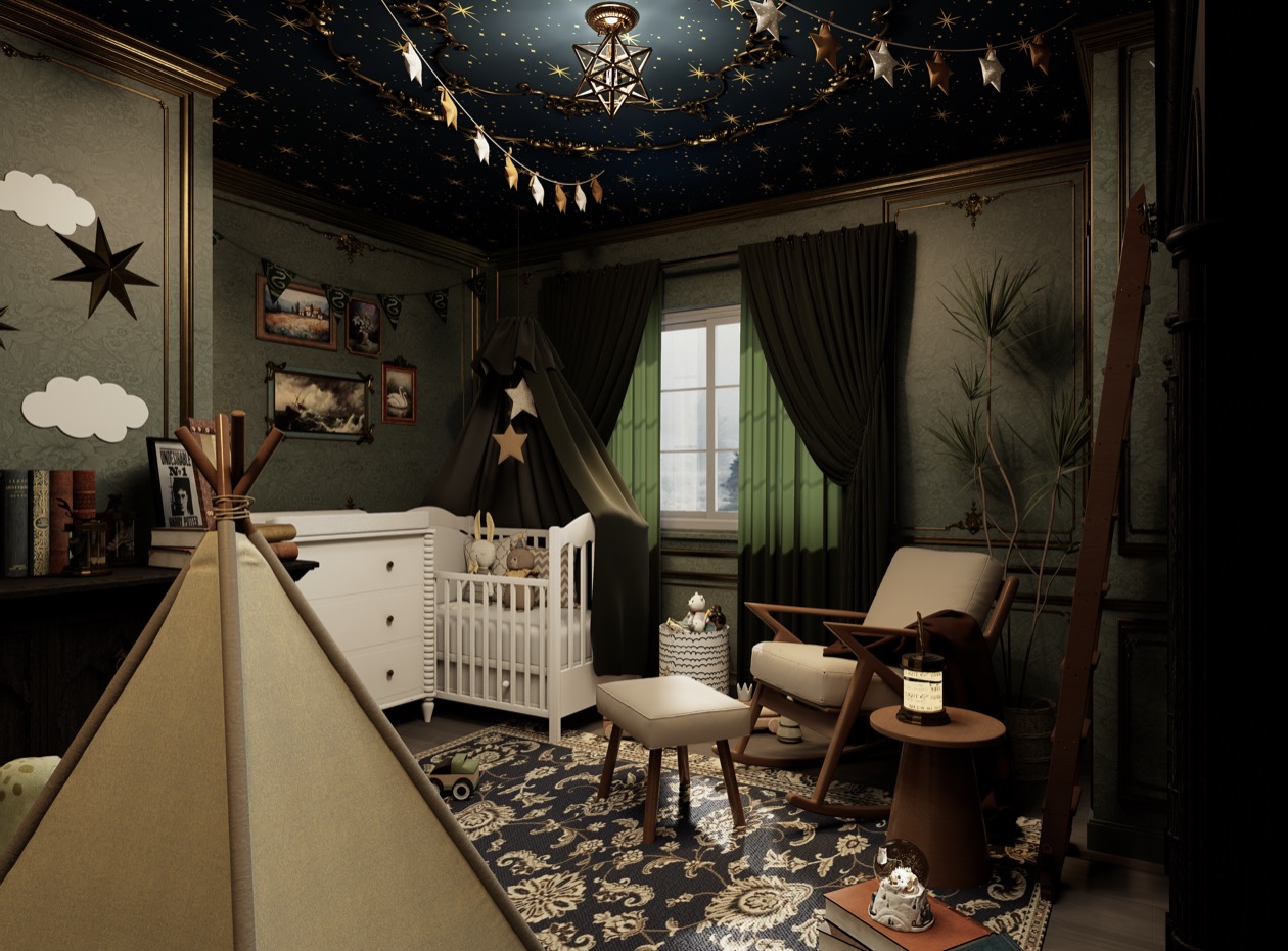 Wizarding-themed nursery — wide view with crib, canopy, reading nook, and starry ceiling