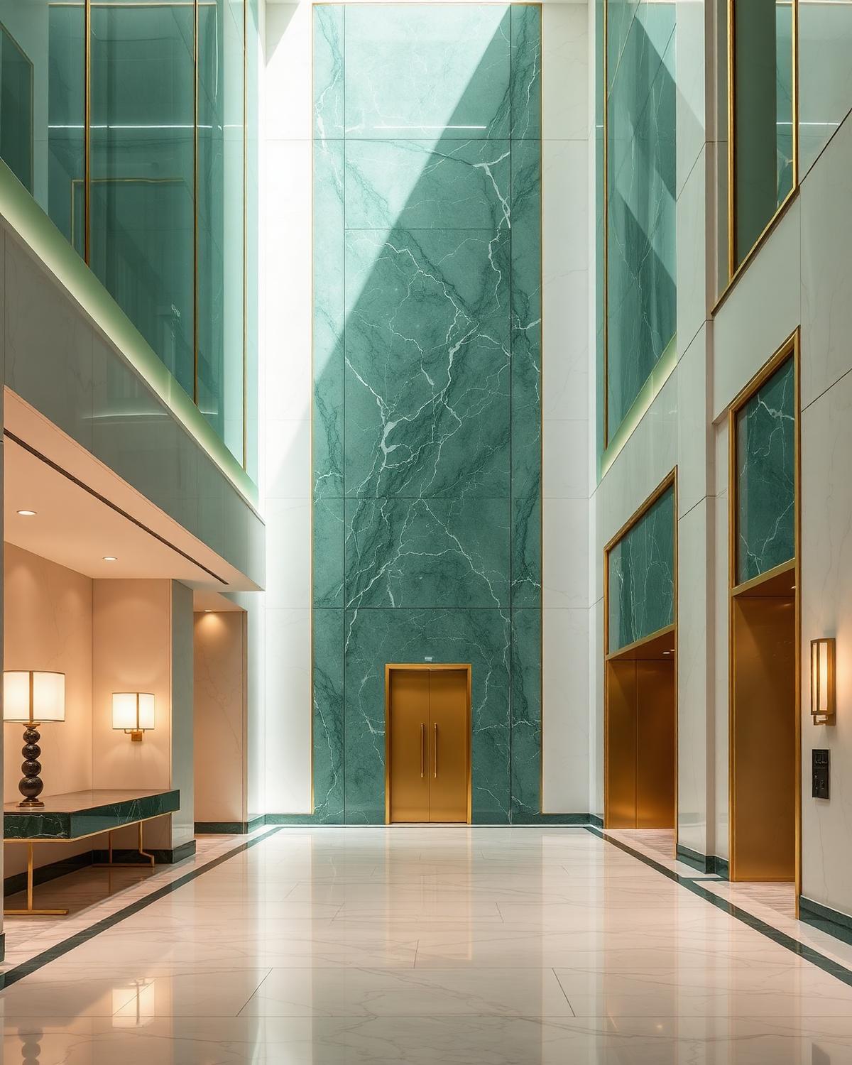 Luxury residential lobby with emerald marble and gold trim